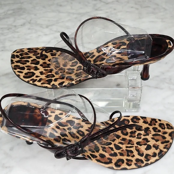 Stuart Weitzman Kitten Heel Sandals Strappy Thong Animal Print Brown Slingback 9 - Picture 1 of 15